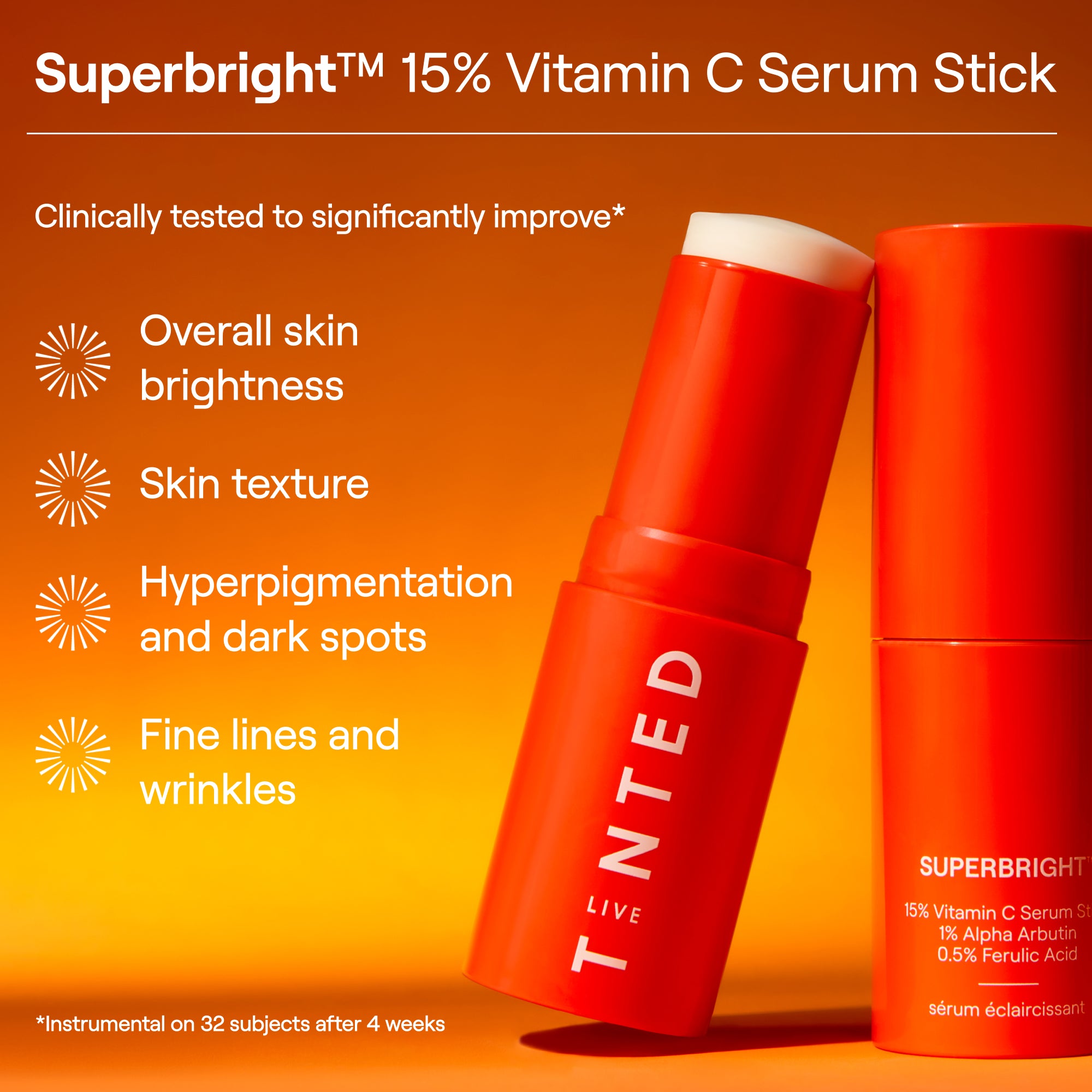 The Live Tinted Superbright 15% Vitamin C Serum Stick product with its cap off, showing the solid serum.